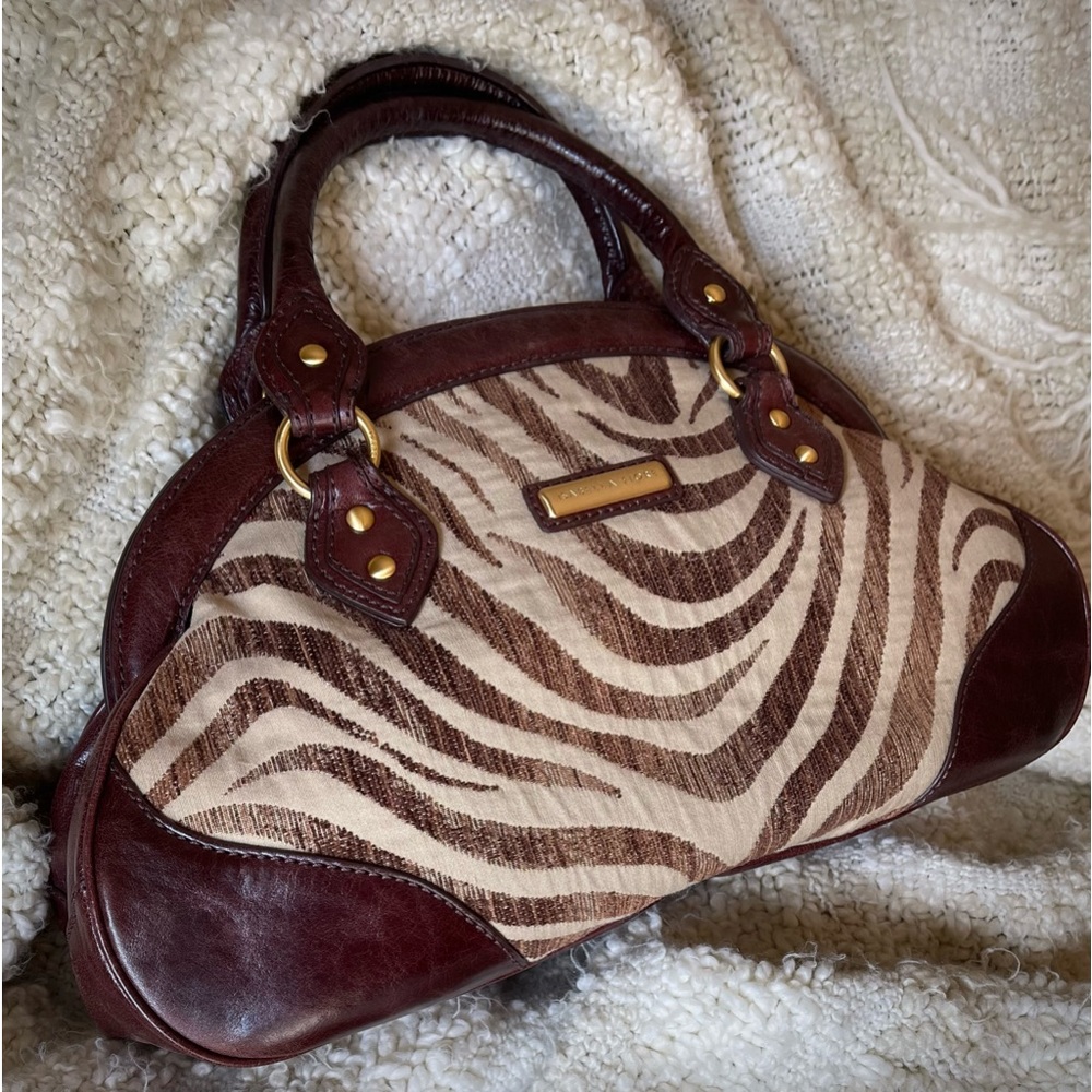Isabella Fiore Leather and Linen Zebra Print Bag, Brown Trim, Gold Hardware
